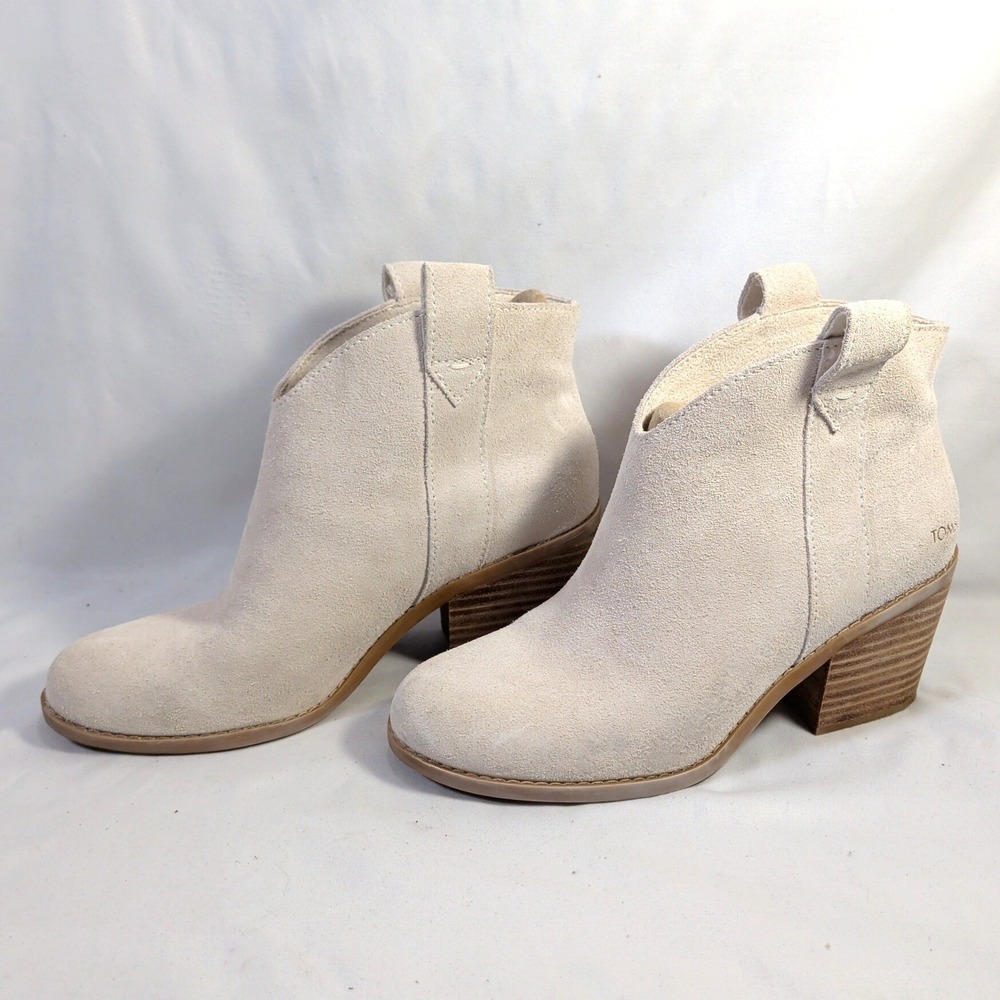 TOMS Beige Suede Ankle Boots; Stacked Block Heel Western Booties